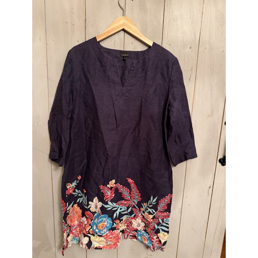 Talbots Navy Blue Linen Shift Dress Floral Hem 3/4 Sleeves Women's Sz-M Beachy